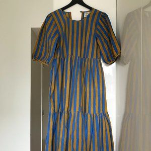 SZ Blockprints striped Gaia dress in Camel & London Blue